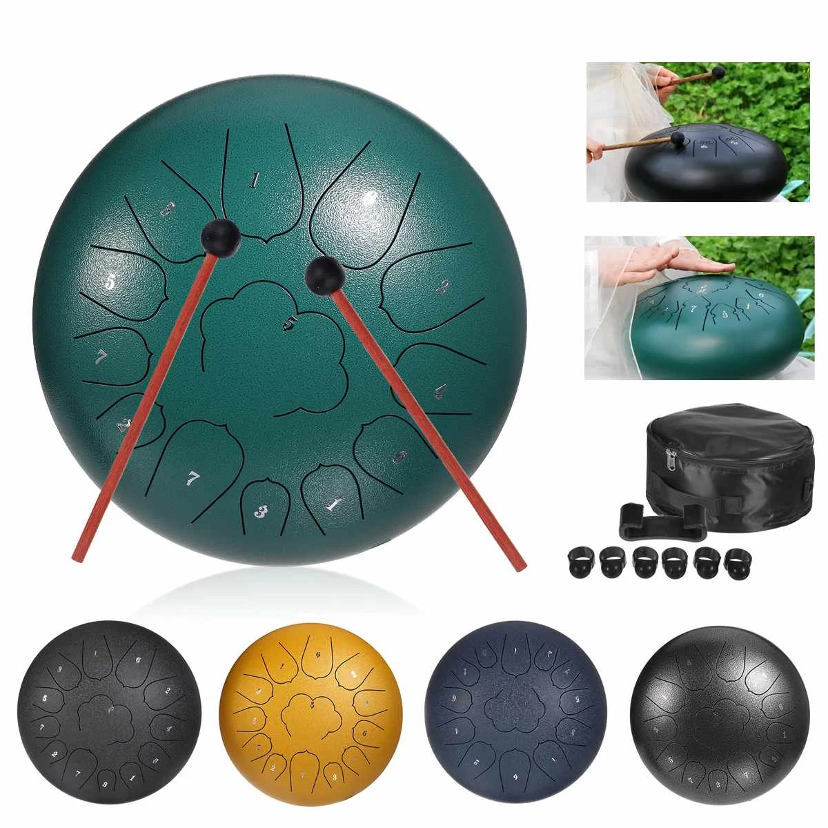 

12 Inch 13-Note Carbon Steel Tongue Drum Tune Hand Pan Drum Tank Beginner Percussion Drum with Drumsticks Carry Bag Instruments