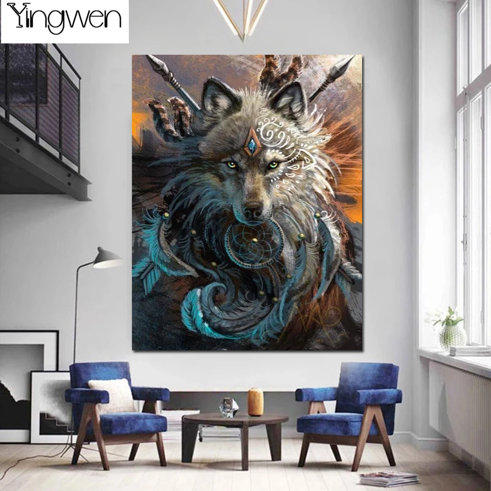 

Diamond Painting Needlework DIY Full Diamond Painting Indian Feather Wolf Animal Embroidery Mosaic Gift Dream Catcher Home Decor