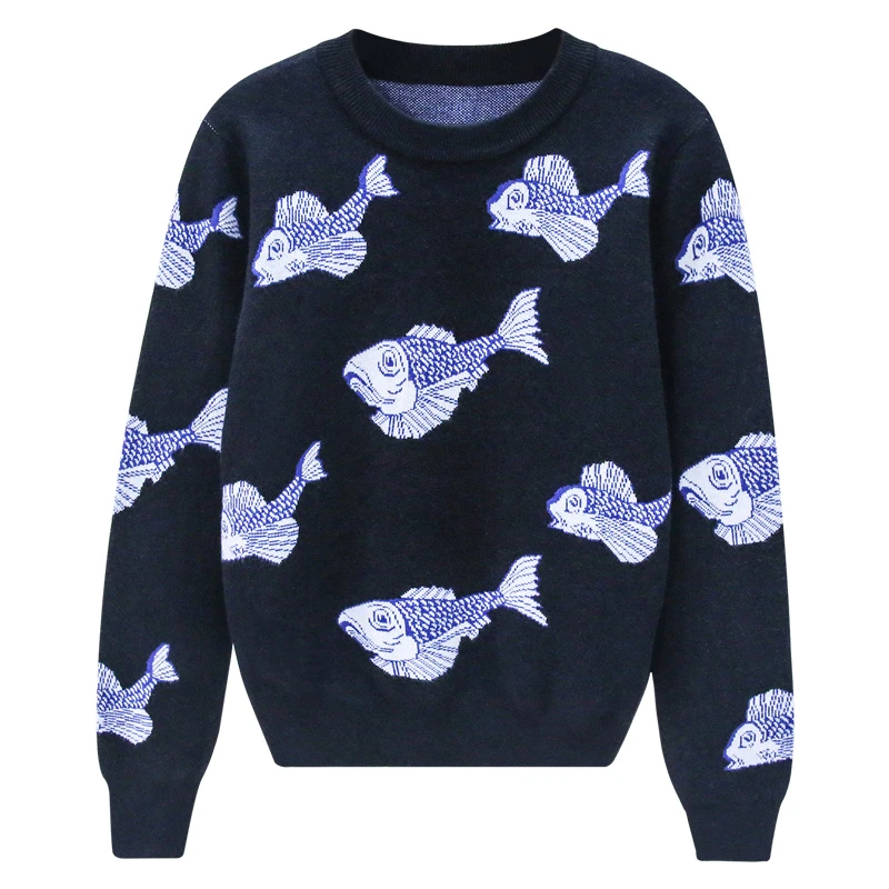 Runway Knitting Sweaters Women Jacquard Fish Pullovers Rabbit Fur Thicken Ladies Autumn Winter Jumpers Pull Femme Black | Женская одежда