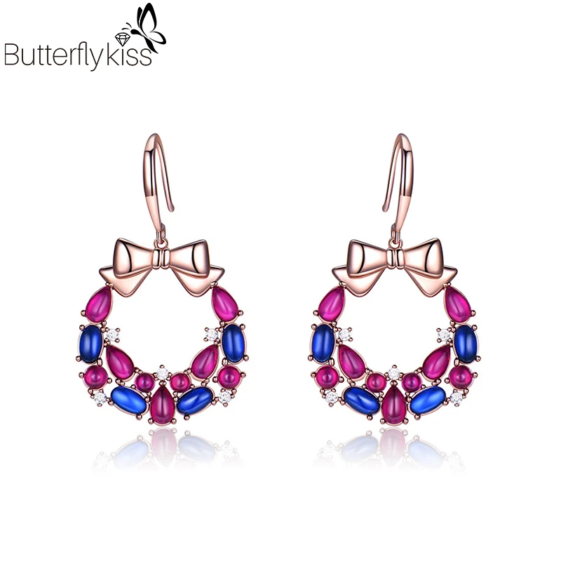 

BK Women Bow Knot Colorful Flower Earrings 925 Sterling Silver Multicolor Zircon Gems Unusual Earrings Anniversary Fine Jewelry