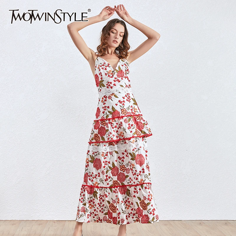 TWOTWINSTYLE богемное женское платье с цветочным принтом на бретельках высокой талией