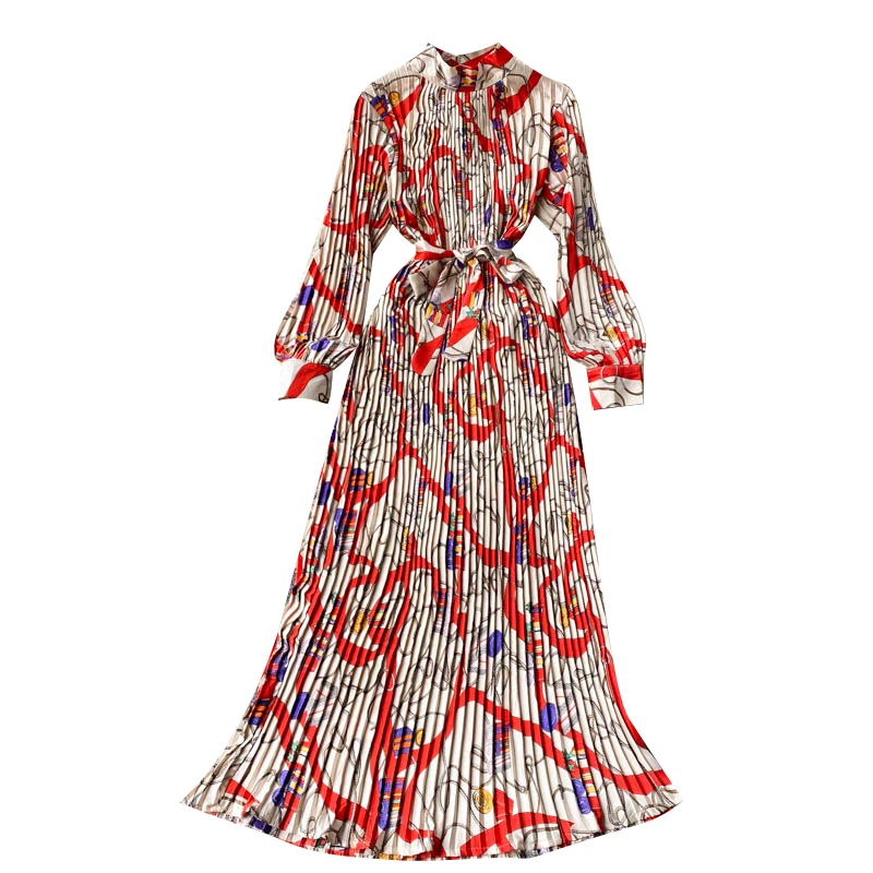 

2021 New Spring Retro Print Pleated Long Femininity Small Stand-up Collar Puff Sleeve Slim Holiday Dress C293