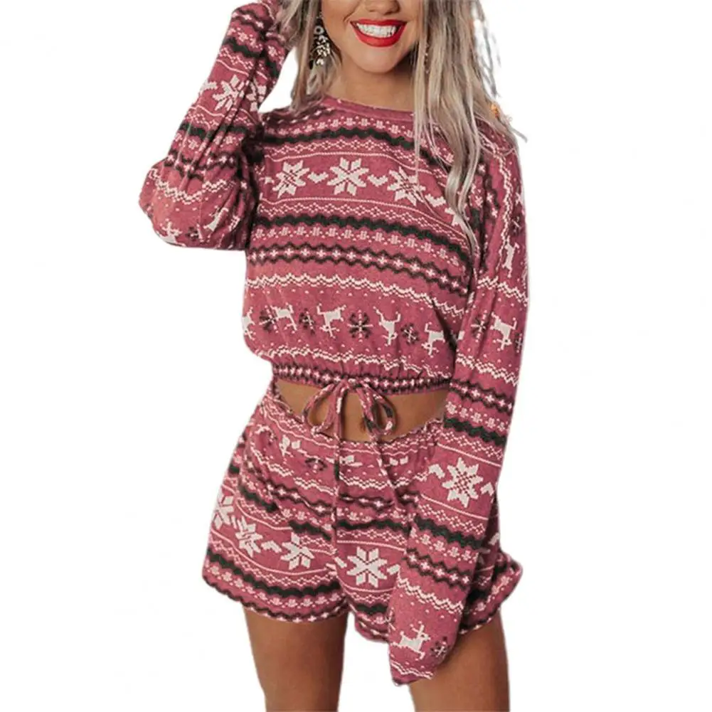 

2 Pcs/Set Christmas Suit O Neck Colorful Print Loose Casual Pajamas Suit for Home Sleepwear Women's home clothes Red xxl