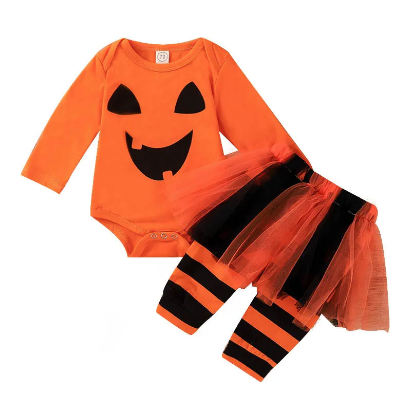 

Baby Clothes Set Halloween Day Baby Pumpkin Romper Smiley Long Sleeve Jumpsuit + Pumpkin Pants