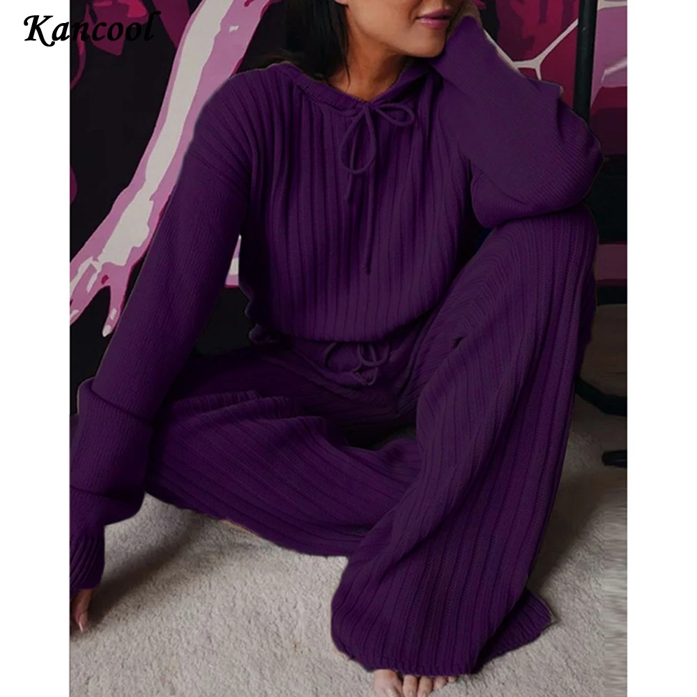 

Muyogrt Two-piece Casual Hoodie Sweatshirts Suit Leisure Autumn Winter Pullovers Ladies Sets Knitted Warm Trousers Outfits