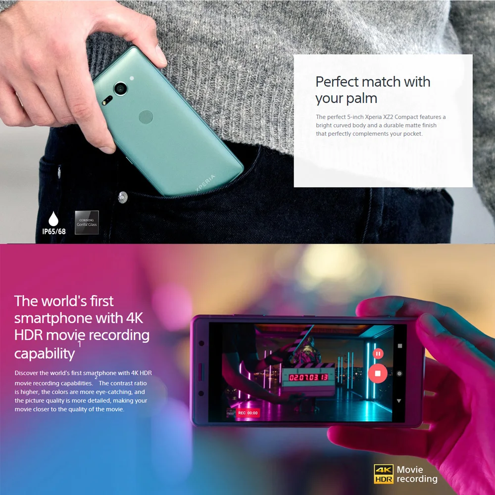 Brand New Original Dual SIM Sony Xperia XZ2 Compact H8324 4GB 64GB Mobile Phone 5" Snapdragon 845 NFC 4G Android Phone