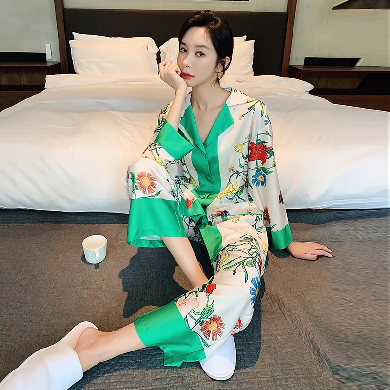 

LANMREM 2021 New Autumn Summer Pajamas Set Women's Ice Silk Long Sleeve Fashion Printing Loose Lightweight Home Wear Sleepwear