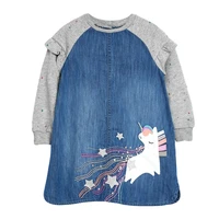 frocks for girl autumn toddler clothes denim casual cotton vestiods unicorn star applique jean contrast dress for kids 2 7 years