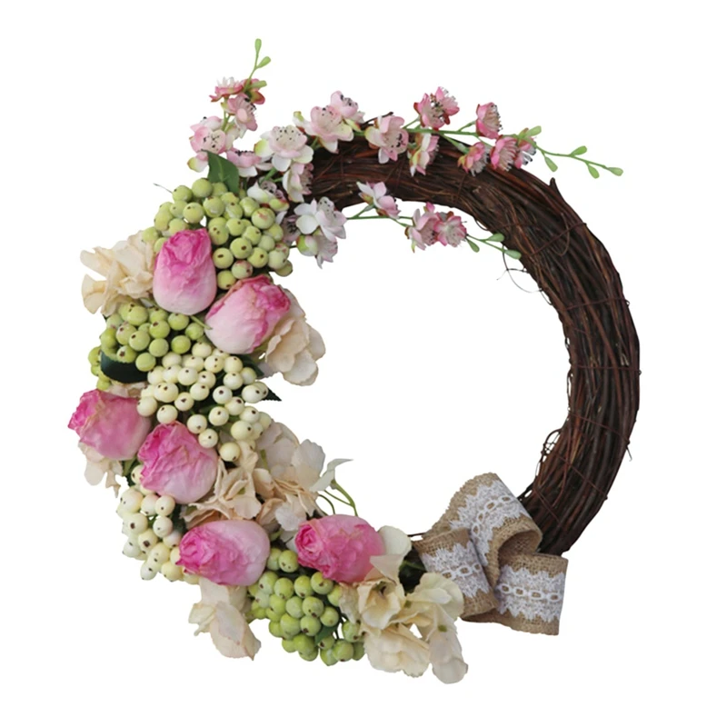 

Artificial Rose Flower Wreath Spring Summer Rattan Garland Front Door Wreath for Home Wedding Wall Hanging Ornament
