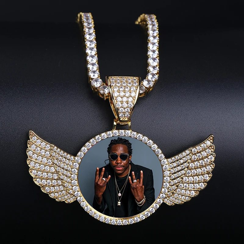 TOPGRILLZ Gold Custom Made Photo With wings Medallions Necklace & Pendant 4mm Tennis Chain Cubic Zircon Men's Hip hop Jewelry