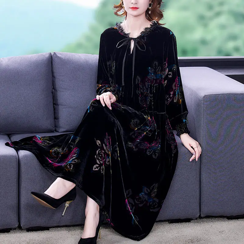 Осенне-зимнее бархатное золотистое платье большого размера модное свободное Eegant