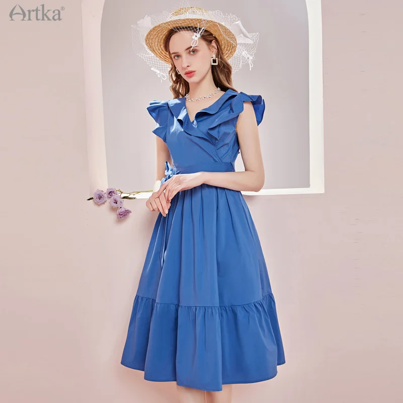 ARTKA 2021 Summer New Women Dress Vintage Elegant Ruffles V-Neck Dresses Flying Sleeve A-Line Blue Midi Dress With Belt LA22116X