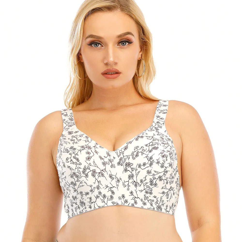 

Plus Size Bra Woman Floral Breathable Comfortable Bra Wire Free White Bras A B C D E F 34 36 38 40 42 44 46 48