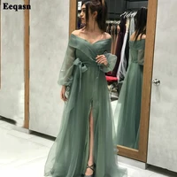 eeqasn dark green long puff sleeves bridesmaid dresses long formal prom party gowns with side slit sashes women event dress
