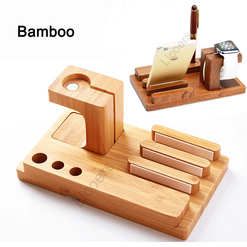3 in 1 Bamboo Wooden Charging Station for iPhone Mobile Phone Holder Stand Charger Stand Base for Apple Watch iPad Storage Box