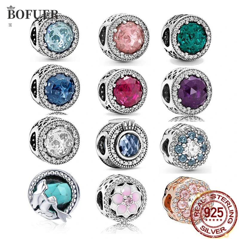 

925 Sterling Silver Blue Ocean Green Pink Flowers Shining Heart Bead Fit Original Pandora Charms Pendant Bracelet String Jewelry