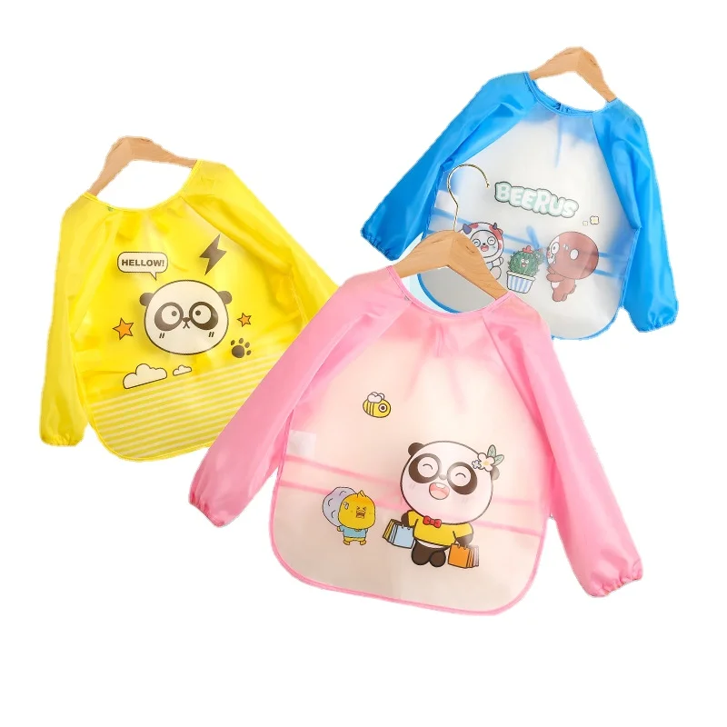 Children's waterproof long-sleeved overalls, baby eating aprons, drawing and painting reverse dressing, cute cartoon bibs