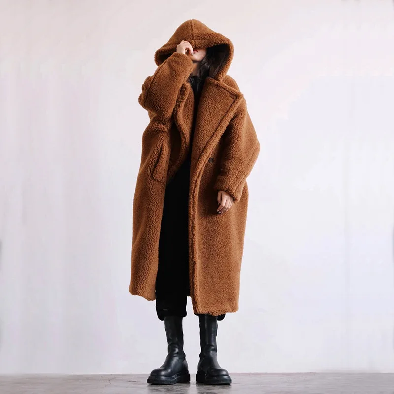 2021 new women faux fur coat long oversized jacket faux fur hat collar thick warm fashion teddy coat