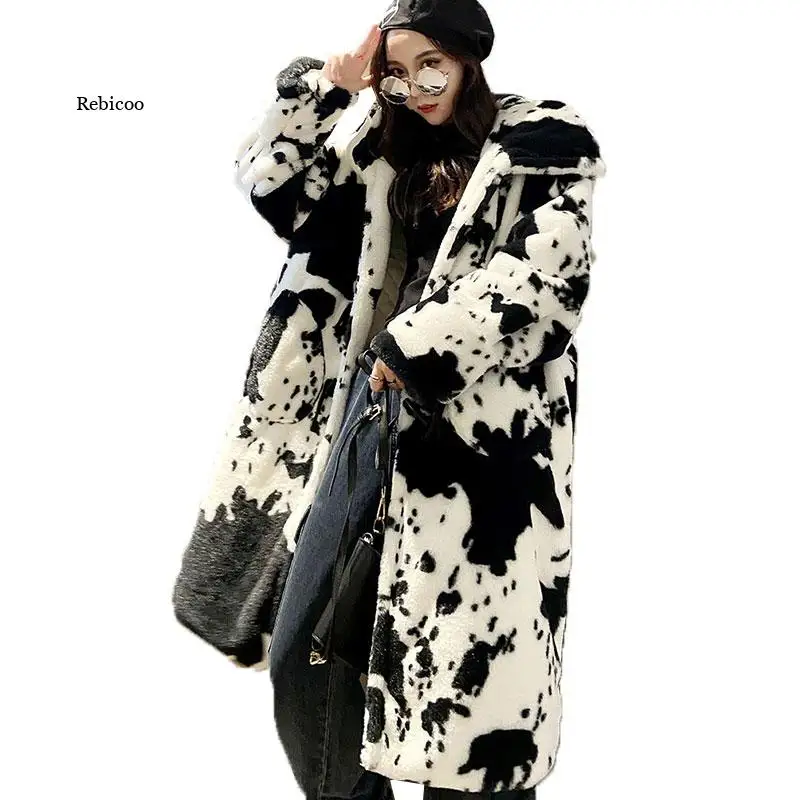 

Winter Parka Jacket Faux Fur Women Thickened Cow Pattern Hooded Fur Coat Lengthened Oversize Overcoat Veste Fourrure Homme