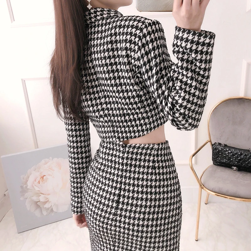 Autumn Winter Vintage Houndstooth Skirt Set Women's Elegant Two-Piece Set Layies Blazer Jacket  Package Hip Skirt Female Outfit