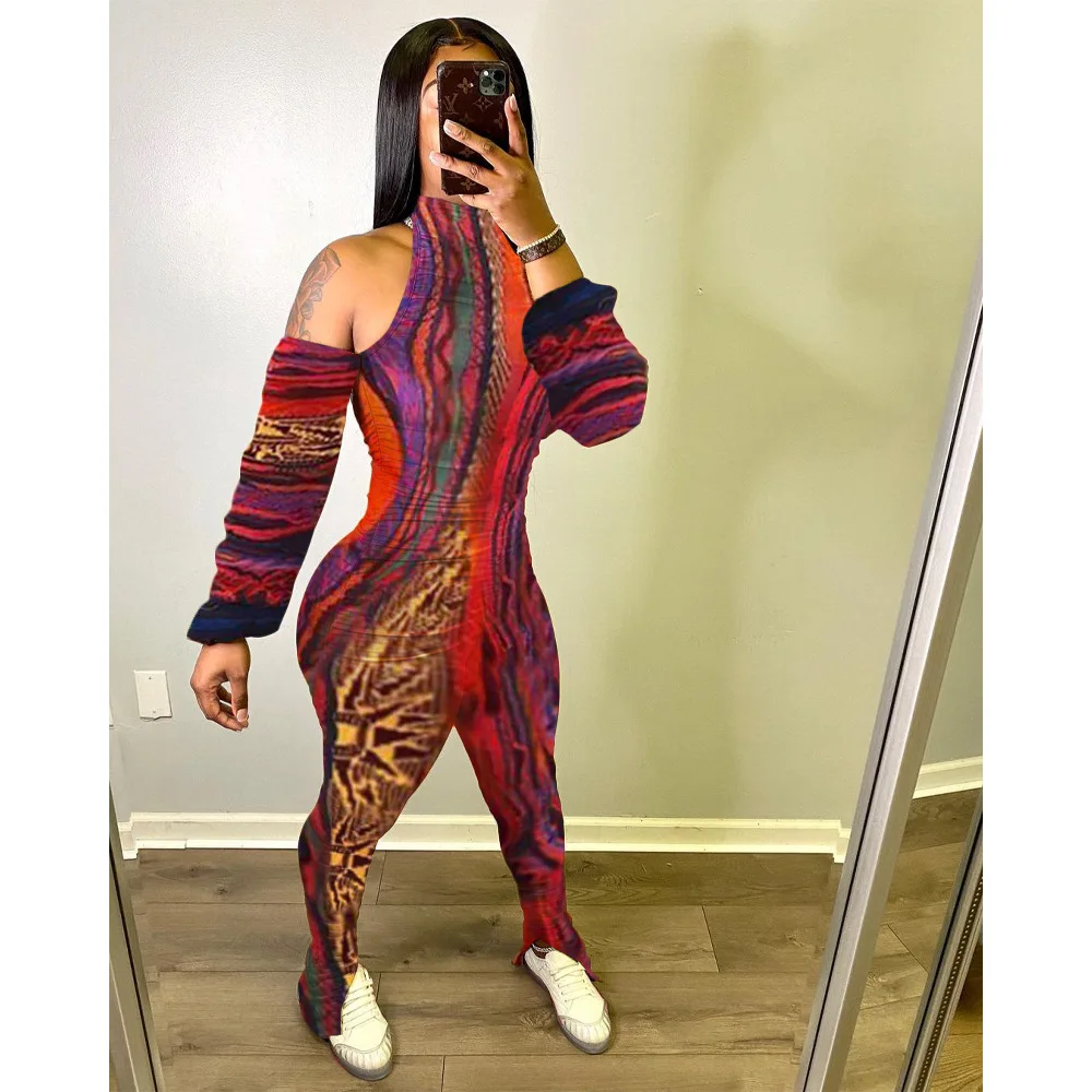 

Sexy Backless Print Jumpsuit Women Body Femme Elegant Long Sleeve Off Shoulder Pants Bodycon Women Jumsouit Rompers Overalls