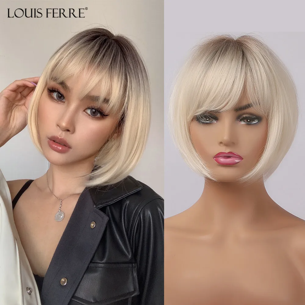 

LOUIS FERRE Blonde Short Bob Wigs with Bangs Heat Resistant Synthetic Daily Cosplay Ombre Blonde Hair Wigs for White/Black Women