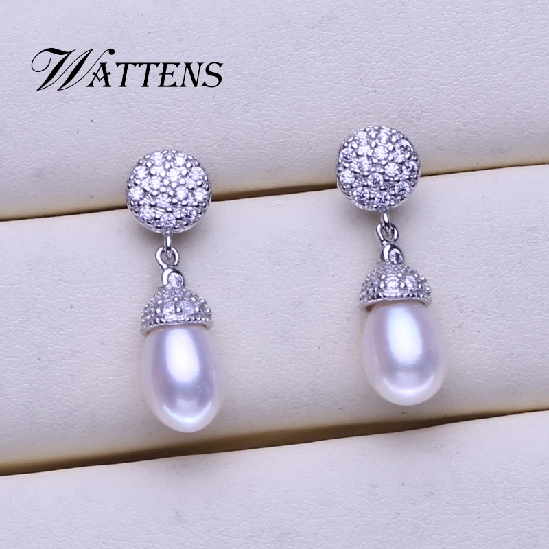 Женские серьги-подвески из натурального жемчуга с белым цирконом | Украшения и
