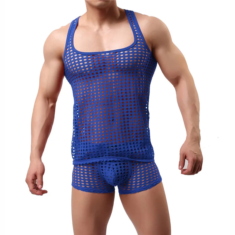 

Sexy Mens Undershirts Hollow Out Tank Tops Fishnet See Through Muscle Sport Vests Breathable Boxers Underwear Men Clothes Set