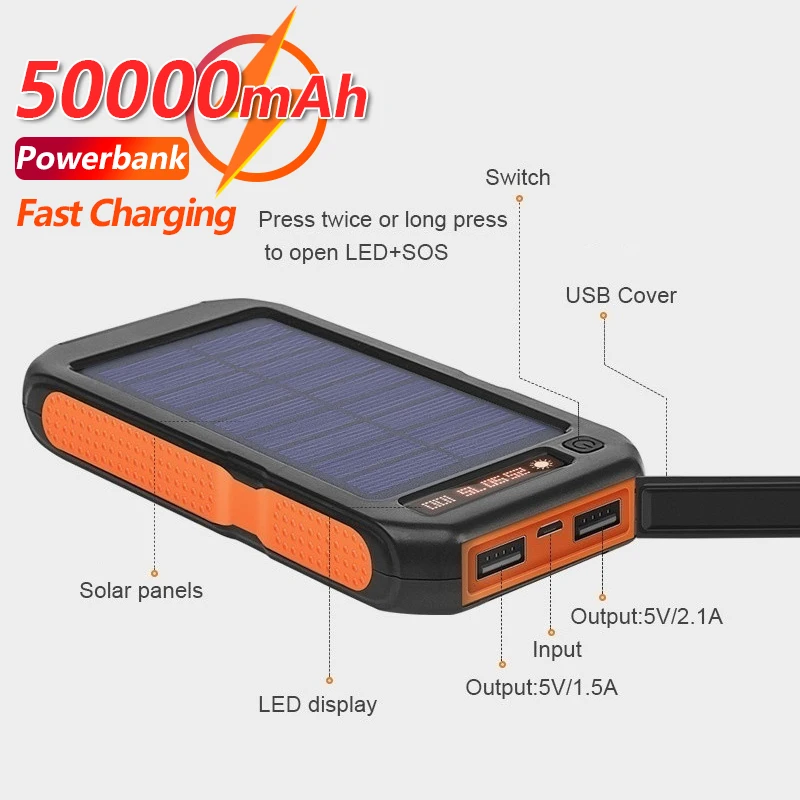 

50000mAh Solar Power Bank Waterproof 2USB Outdoor Emergency Backup Battery LED Flashlight Portable Charger Mobile Power Pack