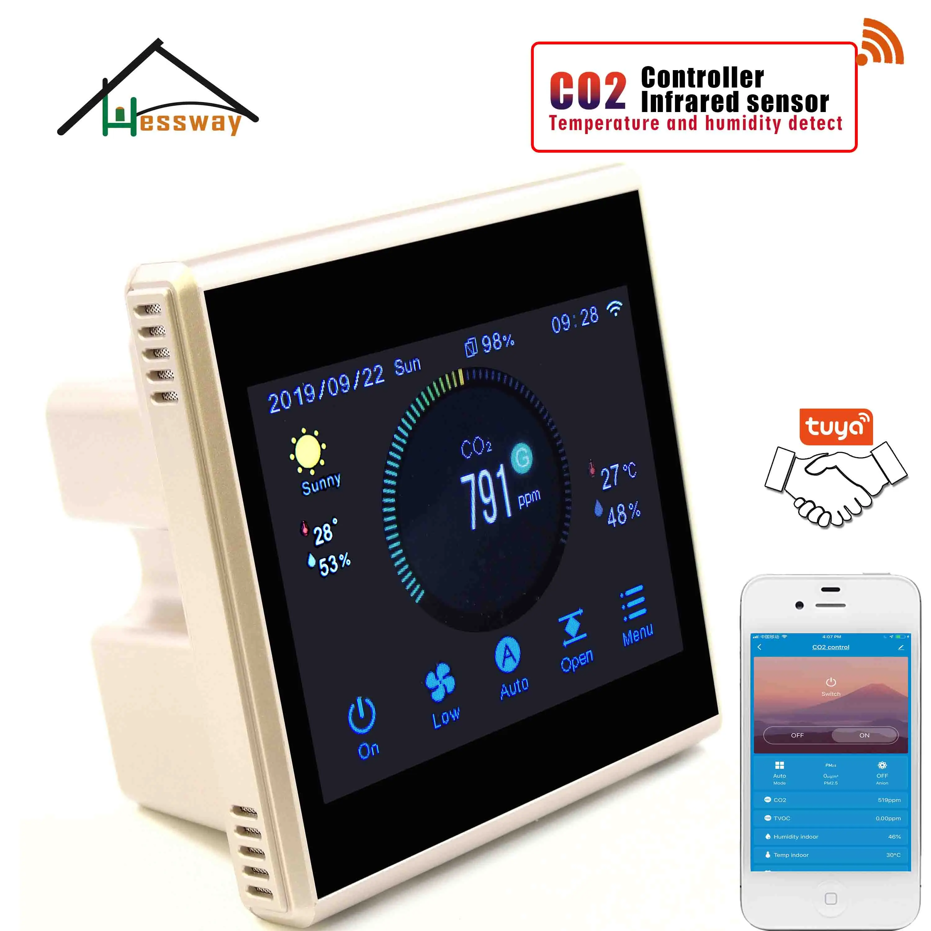 HESSWAY TUYA APP цветная Сенсорная технология Ndir CO2 Датчик WIFI для системы вентиляции