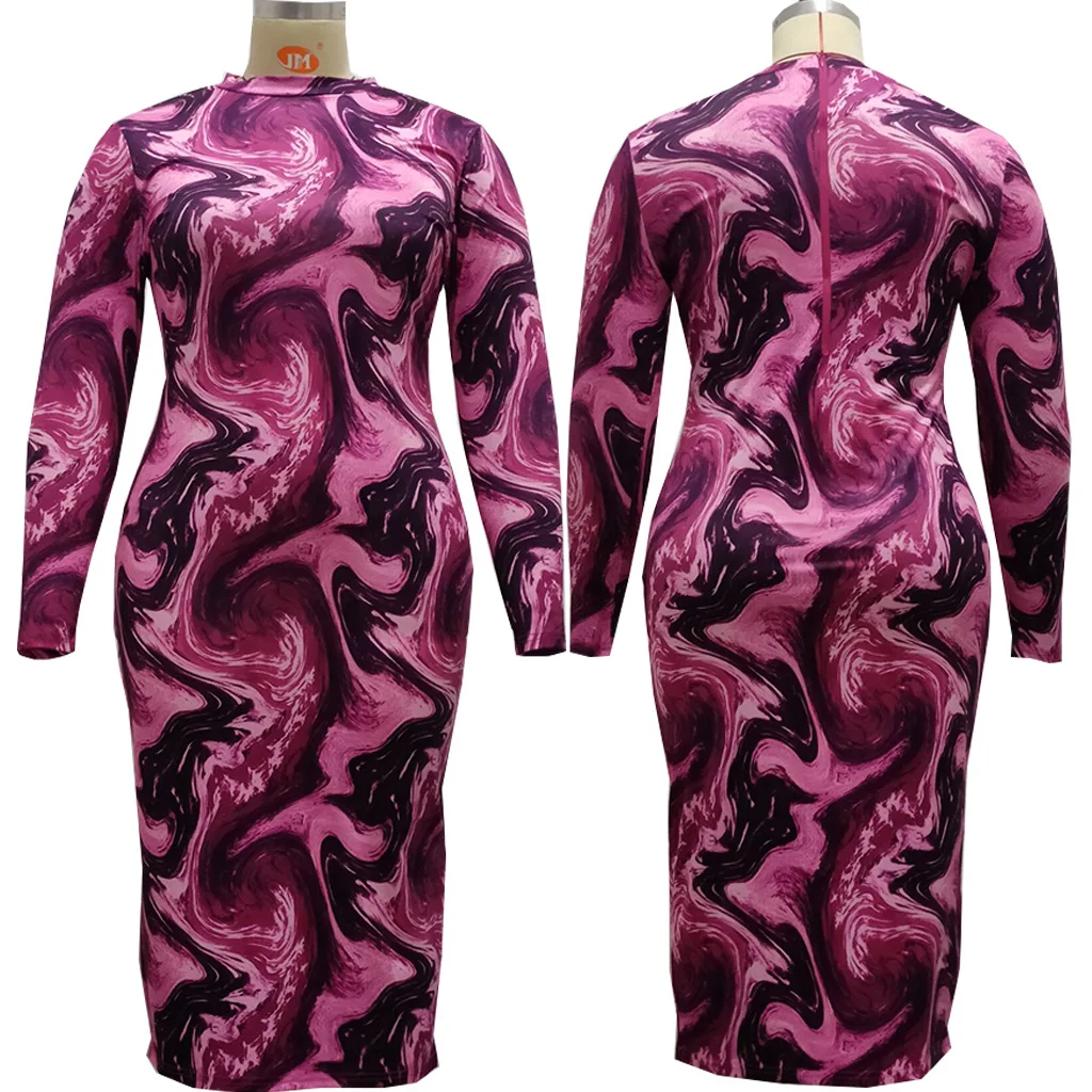 

XL-5XL Plus Size Women Dress Sexy Big Beautiful Women Long Sleeve Robe Female Pullover Long Sleeve Vestidos Mid-Calf Dresses