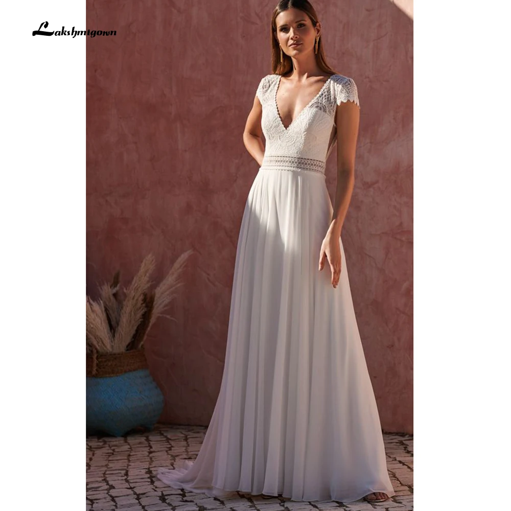 

Шифоновые Свадебные платья Lakshmigown цвета слоновой кости, Пляжное Платье с V-образным вырезом и короткими рукавами в стиле бохо, свадебное пла...