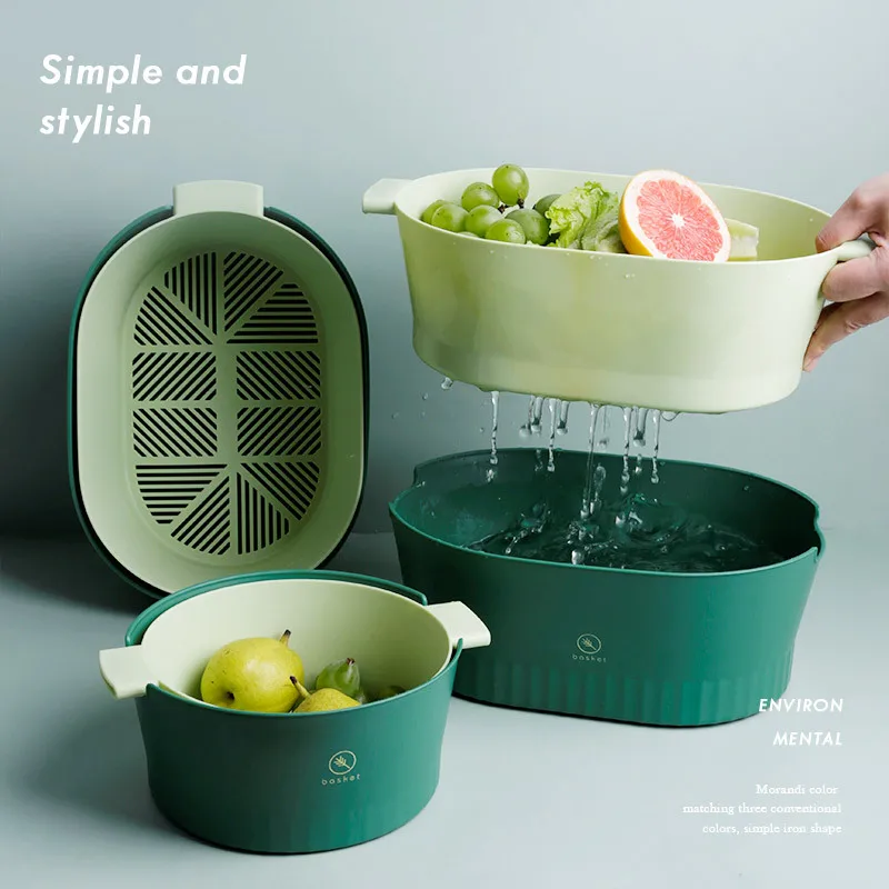 

Kitchen Drain Box Basket Bowl Rice Washing Vegetable Fruit Basket Sieve Colander Plastic Double Layer Drainer Sink Strainer New