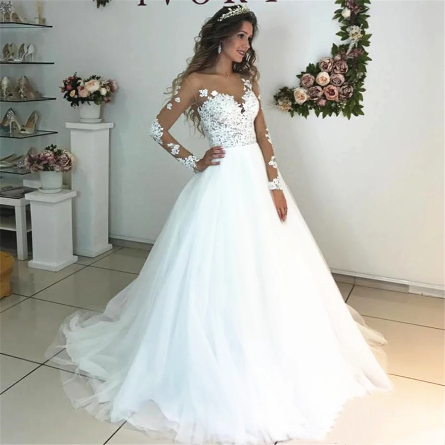 

Illusion Long Sleeve Appliqued Lace Wedding Dreses Sheer Neck Tulle Skirt A Line 2020 Modern Bridal Gowns Robe De Mariee