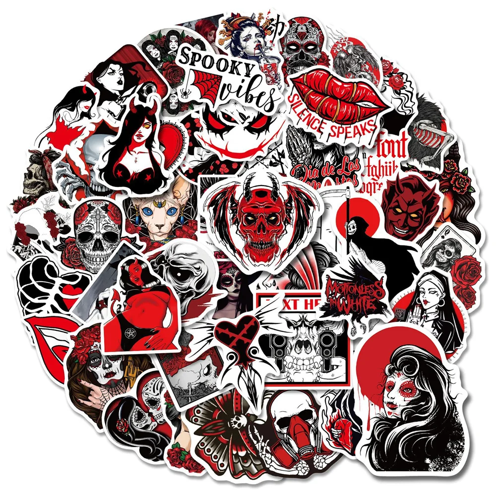 

10/30/50PCS Red and Black Gothic Stickers Skull Love Punk Style Demon Gothic Horror Series Stickers Wholesale