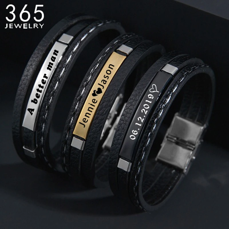 

Engrave Letters Date Leather Bracelets Stainless Steel Nameplate Men's Bangles Custom Name Personalized Jewelry Birthday Gift