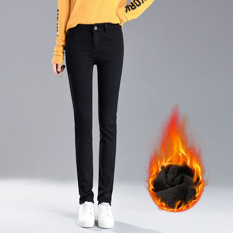Теплые зимние женские джинсы с флисовой высокой талией брюки размера плюс