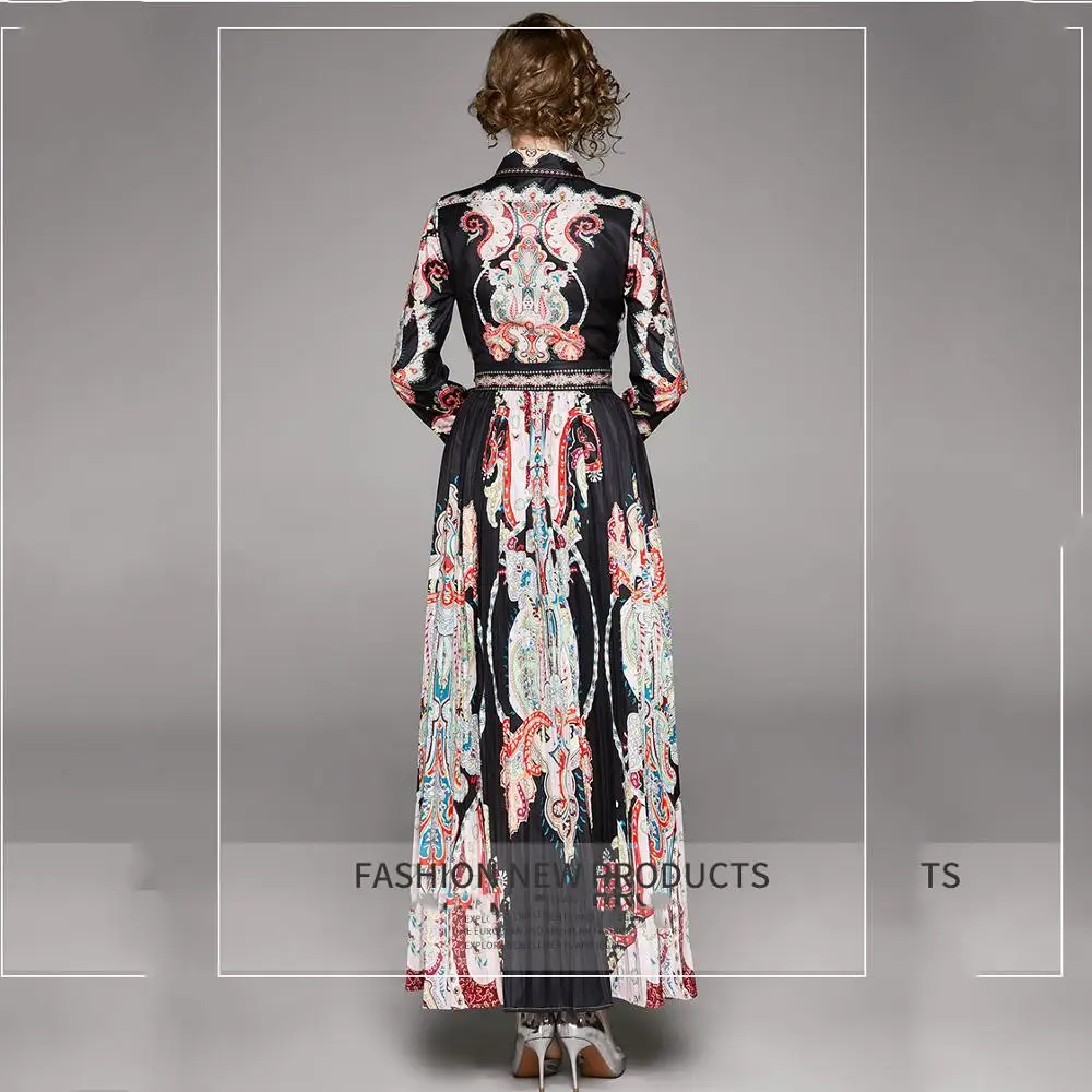 

Floral Print Long Maxi Dress Women Turn Down Collar Spring Long Sleeve Pleated Chiffon Dress Vintage Bow High Waist Runway B554
