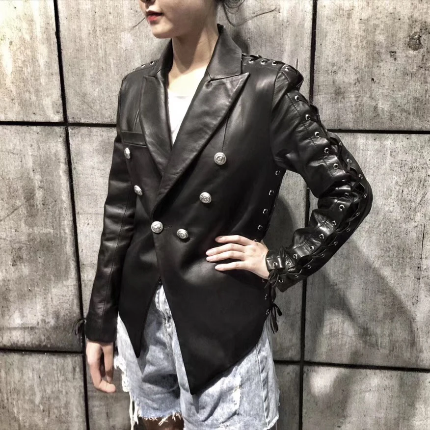 Sheepskin coat real genuine jacket with buttons 2020 autumn fashion overcoat leather business suit women