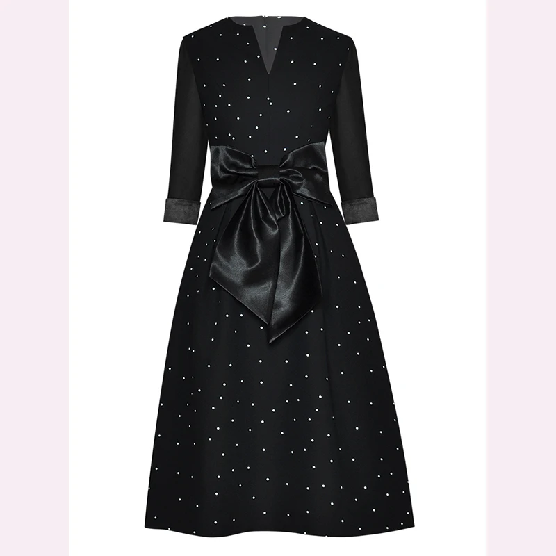 

Newest HIGH QUALITY Fashion 2021 Spring V-Neck Cropped Sleeve Bow With Long Polka Dot Dress
