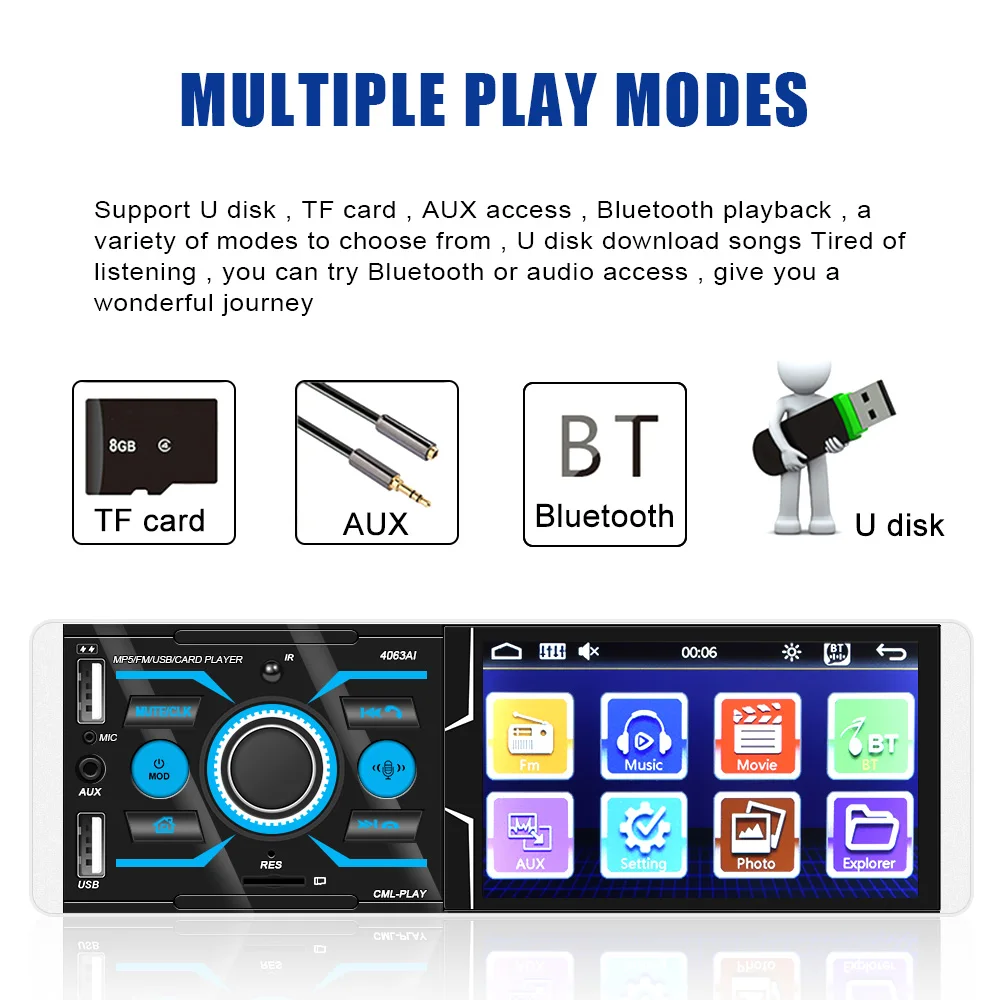 

Car MP5 Video FM Radio Multimedia Player Auto Radio Stereo Audio Bluetooth 4.2 Voice Control 4.1'' Touchscreen Car Accessories