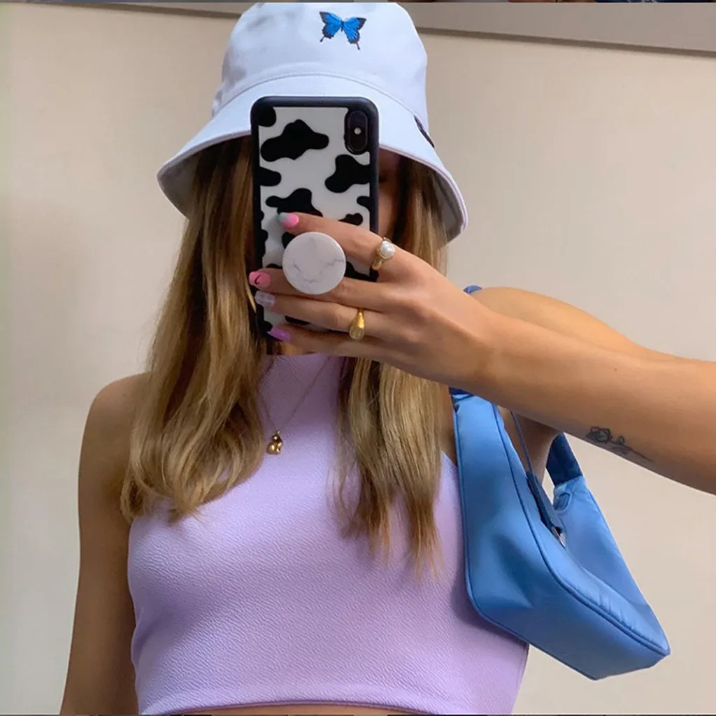 

2020 Summer Butterfly Bucket Hat Women Men Cotton Fashion Sad Boy Girls Double-Sided Embroidery Bob Sun Femme Floral Panama Hat
