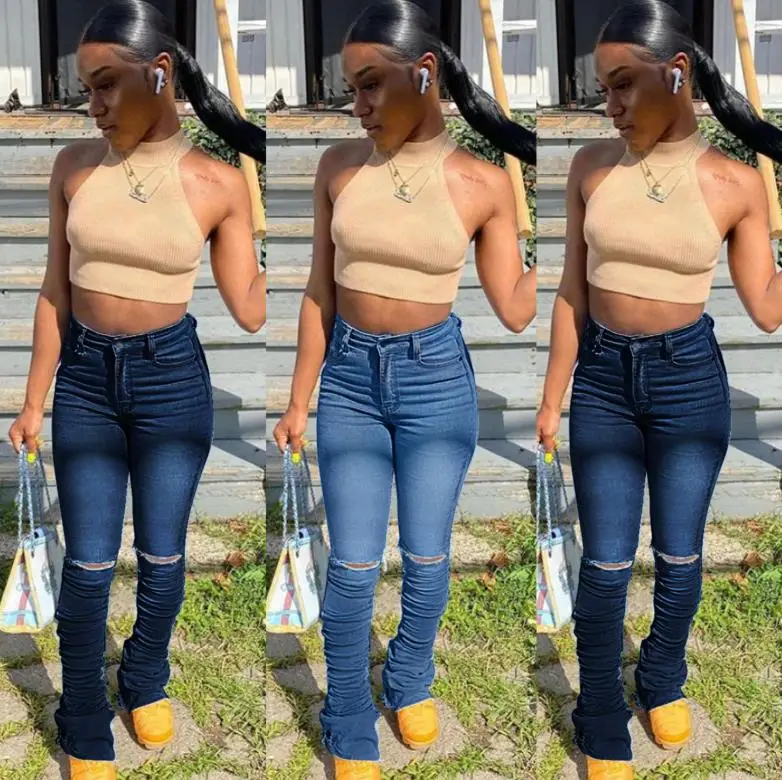

Women Stacked Leggings, Casual High Waist Skinny Ruched Bell Bottom Denim Pants with Ripped Holes