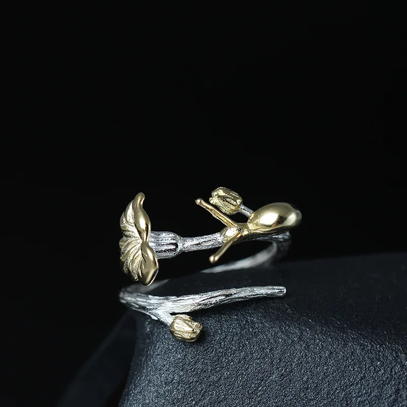 

Animal Snail Lotus Leaves Rings Real 925 Sterling Silver For Women Unique Design Vintage Open Ring Fine Jewelry