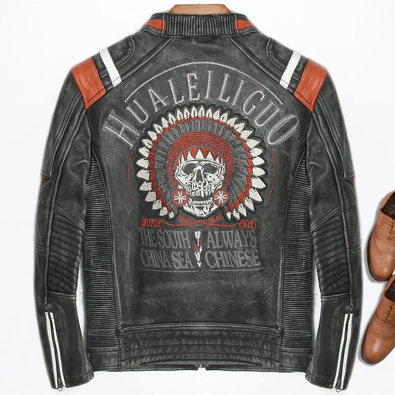 

Men Vintage Cow Leather Jacket 3D Indian Skull Embroidery Motorcycle Jacket Fashion Spliced Pleated Collar Riding Biker Jackets