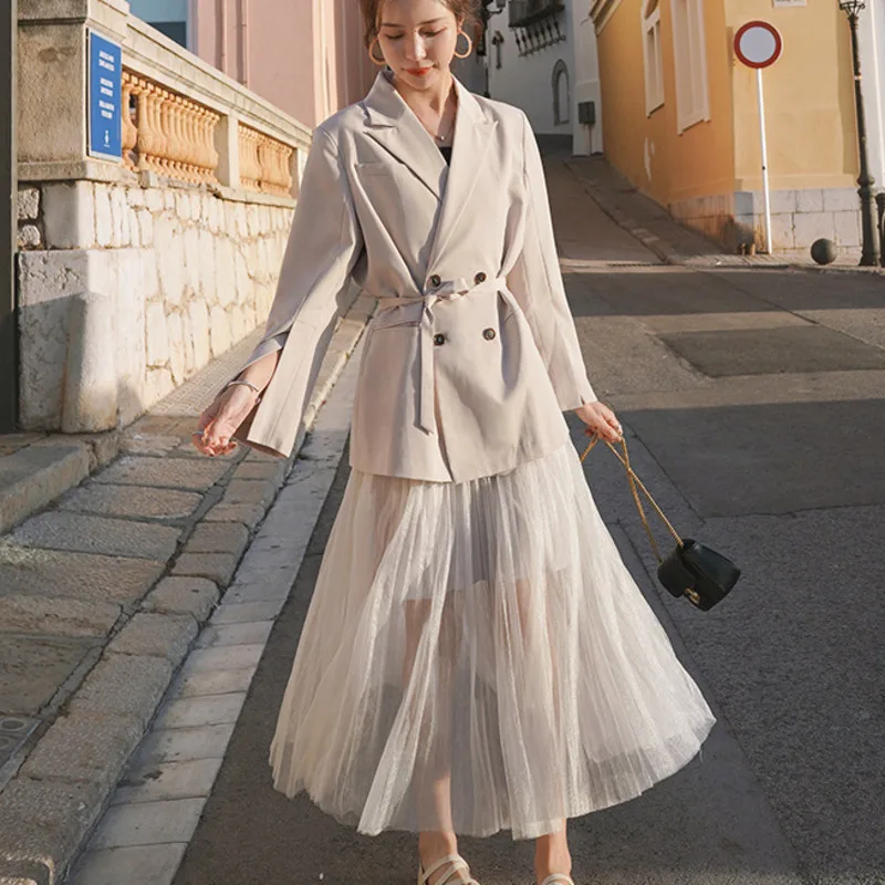 [EWQ] Новинка осени 2020 женский элегантный и шикарный двубортный блейзер + сетчатая