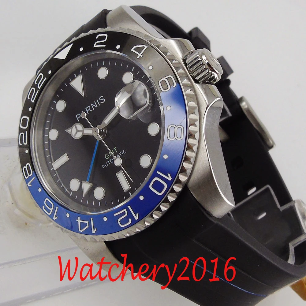 

New 40mm parnis black dial sapphire GMT ceramic bezel date automatic movement mens watch