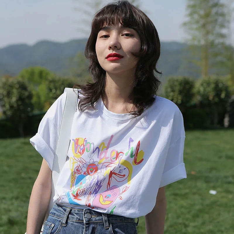 

Women's short-sleeved t-shirt graffiti print loose top vintage t-shirt female top O-neck tshirt Oversized t-shirt clothes y2k