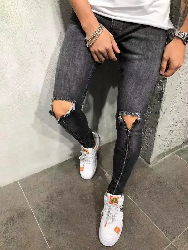 

Ripped Hole Jeans for Men Fashion Streetwear Zipper Casual Pencil Pants Distressed Hip Hop Denim Trousers Slim Fit Men Clothing