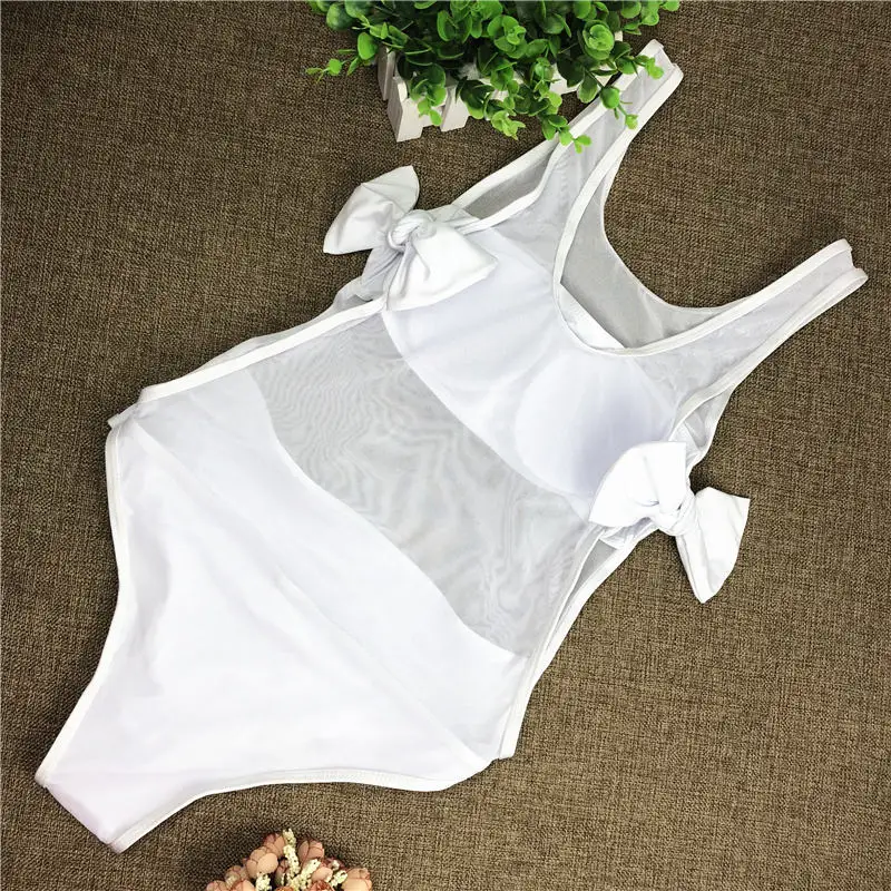 Женский слитный купальник ZPDWT белый сетчатый с бантом монокини глубоким вырезом